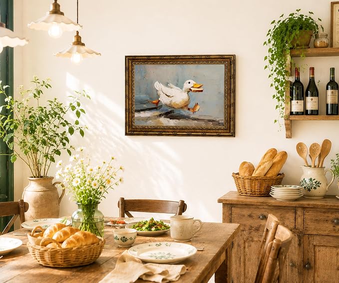 Gold Framed Funny Duck Wall Art Rustic Cottagecore Animal Wall Decor Print | Farmhouse Animal Painting Whimsical Duck Canvas Poster for Kitchen Bathroom Living Room Bedroom, 12x16 Inches