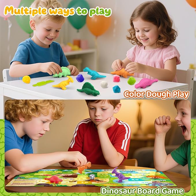 Dinosaur Dough Sets for Kids Ages 2-4, Family Board Games for 2-6 Players, 6 Dino 3D Modeling Tools, 5 Dough, Adventure Map & Dice, Dough Accessories Gift for 3 4 5 6 Year Old Boys Girls