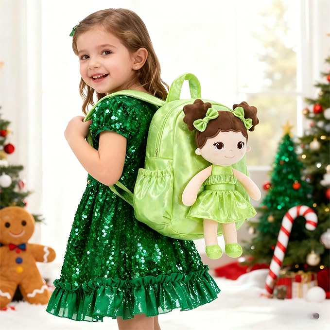 Lazada Toddler Backpack - Baby Girl Gifts Curly Fingerprints Plush Doll Dress Backpack - Fashion Girls Curly Rolled Fingerprints Series - Fluorescent Green 11 Inches