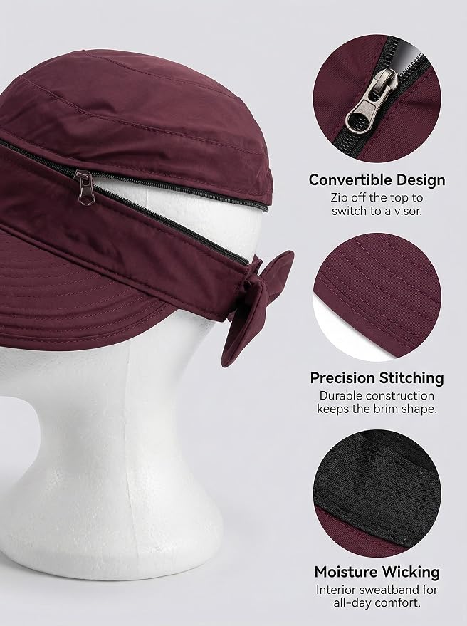 2-in-1 Women’s Sun Visor Sun Hat Zipper Off Ponytail Friendly, Lightweight Quick Dry, Summer UV Protection