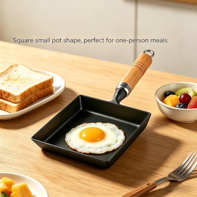 Cast Iron Tamagoyaki Pan Japanese Egg Omelette Pan Skillet Wooden Handle
