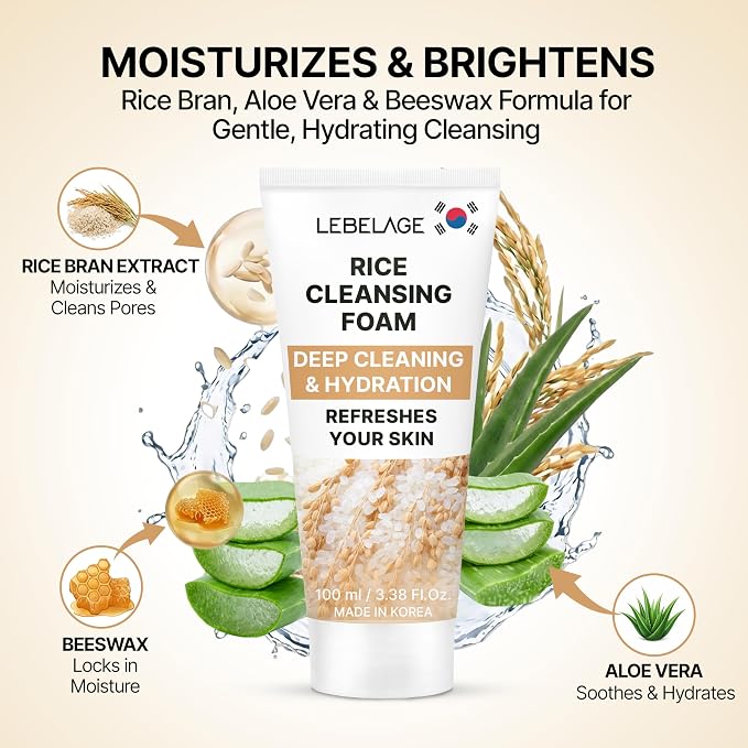 LEBELAGE Korean Rice Facial Cleanser 3.38 oz | Cleansing Foam Face Wash | Low pH Gentle Hydrating Daily Facial Cleanser Sensitive Skin | Deep Cleansing Foaming Cleanser, Pore Care-All Skin Types