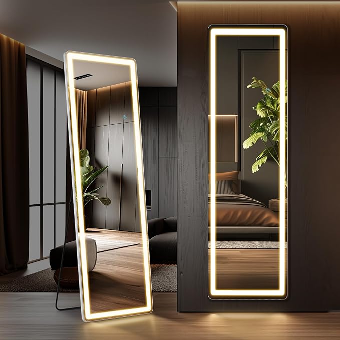 OLIXIS LED Full Length Mirror with Lights, Full Body 16"x60" | Standing Lighted Floor, 3 Color Lighting, Wall Mounted Bedroom Bathroom Entryway, Tempered Glass