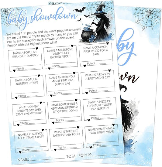 Hilarious Baby Shower Games, 25 Sets Halloween Baby Showdown + Answer Card, Blue Witch Gender Reveal Game Cards for Party Announcement Supplies - B10