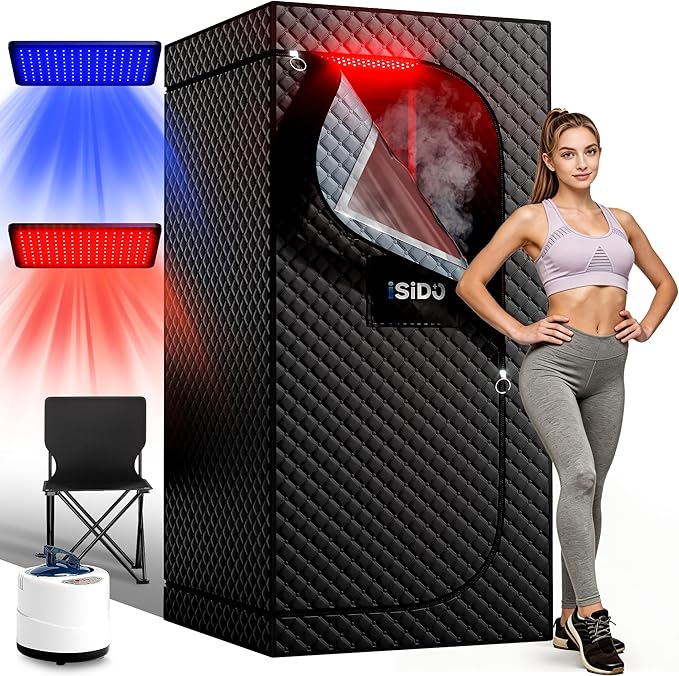 Infrared Steam Sauna with 660nm Red & Blue Light Therapy & 850nm Infrared Light Panel, 3L 1300W Steamer, Folding Chair, XXL Portable Sauna Personal Sauna Box Sauna Tent Home Sauna