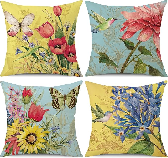 wyooxoo Spring Summer Pillow Covers 20x20 Set of 4 Decorative Throw Pillow Covers Linen Flower Butterfly Farmhouse Pillowcases for Sofa Couch Living Room Outdoor