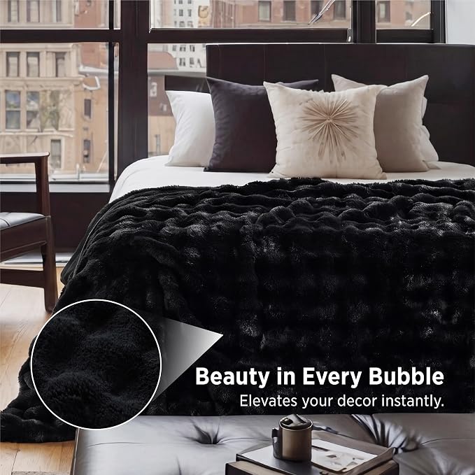 Bedsure GentleSoft Bubble Faux Fur Blankets Queen Size, Fluffy Fuzzy Queen Blanket for Bed, Soft Cozy Faux Fur Bedding for Winter, Thick Warm Plush Bed Cover, Black, 90x90