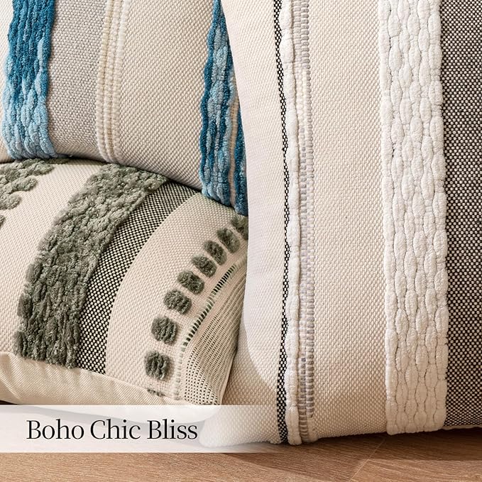 ANRODUO Boho Decorative Throw Pillow Covers White Stripe 18x18 Pack of 2 | Throw Pillow Covers, Farmhouse Cushion Case, Chenille Pillow Cases, Pillow Covers, Neutral Pillowcase for Sofa Couch Bed