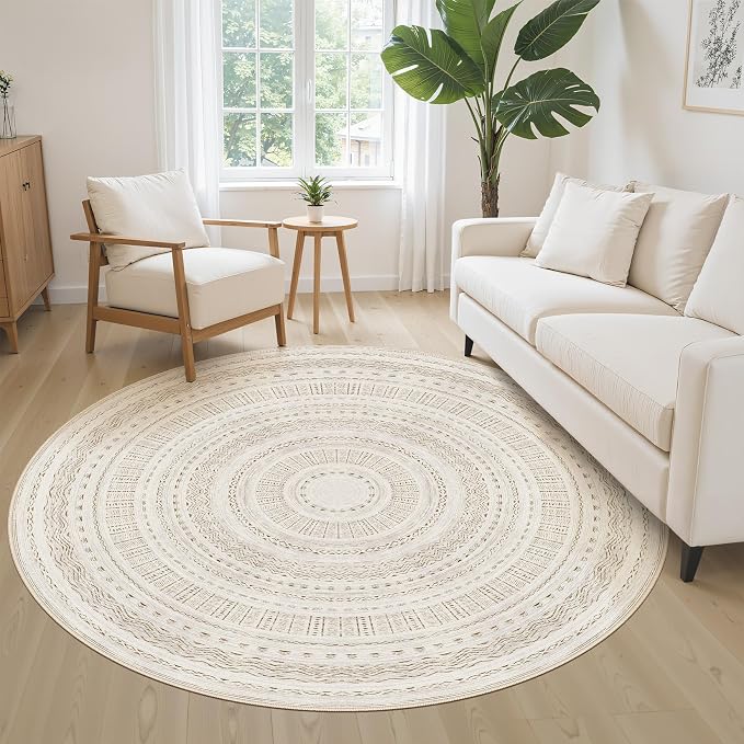 cotiled 5x5 Round Area Rugs Living Room Rug: Washable Boho Rugs with Non Slip Backing Large Soft Indoor Stain Resistant Carpet for Bedroom Farmhouse Dining Room Lightweight Home Decor Brown/Cream