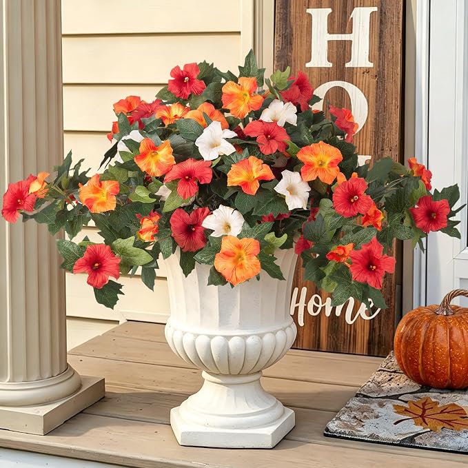 Ammyoo Artificial Fall Flowers Fake Petunias Plants for Outdoor Decoration | 2 Pcs UV Resistant Faux Silk Flowers No Fade Floral for Garden Balcony Yard Porch Realistic Indoor Decor (Orange White)