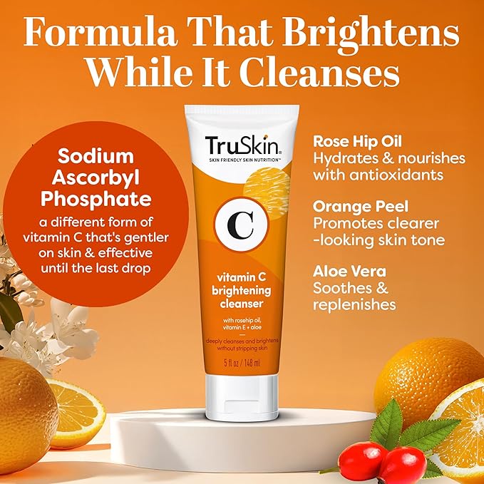 TruSkin Vitamin C Face Wash Cleanser - Brightening Facial Cleanser with Vitamins C & E, Rosehip Oil & Aloe - Gently Cleanses & Refreshes for Radiant-Looking Skin, 5 fl oz