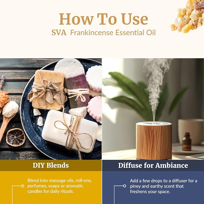 SVA Frankincense Essential Oil – 1/3 Fl Oz – for Diffuser, Skin & Hair Care – Ideal for Massage & DIY Blends – with Dropper