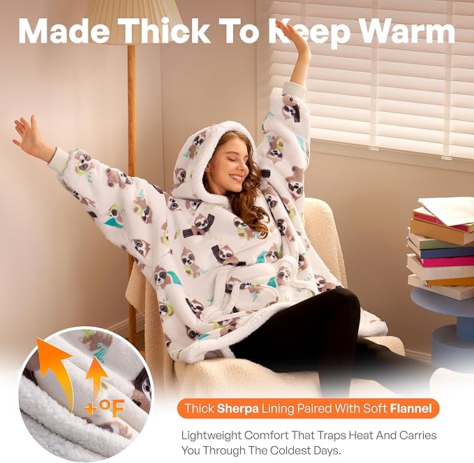Giggling Getup Wearable Blanket Hoodie for Adults Gifts for Teen Girls Sister Women Sherpa Fleece Printed Hooded Blanket Sweatshirt Warm Cozy with Pocket & Sleeves Cream Sloth