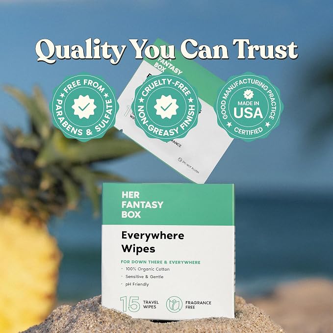 Her Fantasy Box | Everywhere Wipes – 100% Organic Cotton, Gentle & Refreshing, pH-Balanced, Fragrance-Free, Plant-Powered for Body, Face & Intimate Areas, Ideal for Sensitive Skin - 4 Pack, 60 Wipes
