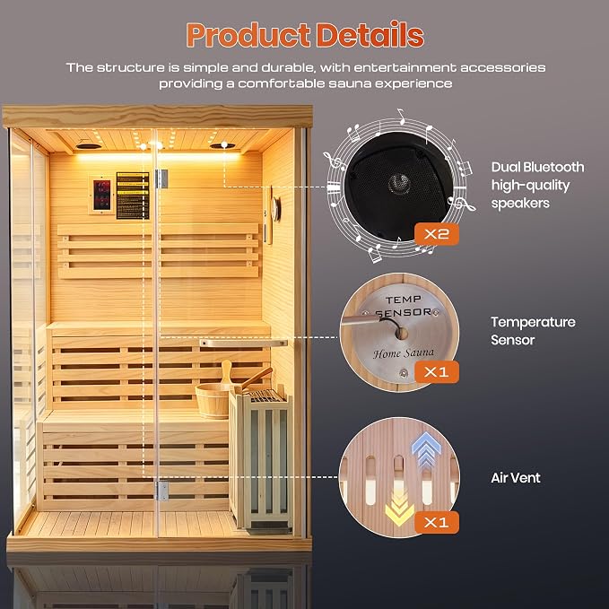 OUTEXER 2-3 Person Steam Sauna Traditional Saunas Home Spa Room Wet Indoor Saunas 7 Color LED Lights with 240V 3KW Heater,Sauna Stone,Wooden Bucket,Spoon,Thermometer,Hourglass,Cup Holder