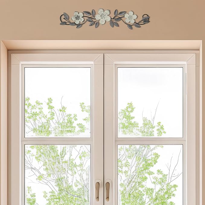 Wesiti Metal Flower Wall Decor Vintage Metal Flower Wrought Iron Scroll Sculpture 15.7''x3.7'' Not 3D, Flat Farmhouse Leaf Wall Decor with Nails for Summer Bedroom Kitchen Indoor Outdoor(White)
