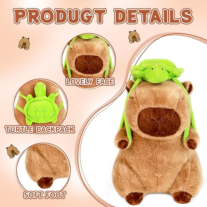 Capybara Plush 11.8 inch with Turtle Backpack Soft Capybara Stuffed Animals Capybara Hugging Gifts Capybara Doll Pillow for Kids Girls Toys (Turtle Capybara Brown 11.8 inch)