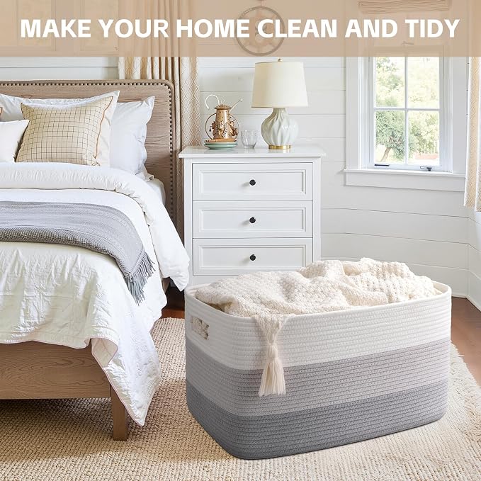 OIAHOMY Large Blanket Basket, 22”x17”x12” Laundry Baskets, Nursery Blanket Storage Living Room, Toy Storage With Handle, Rectangle Woven Baskets-Gradient Grey