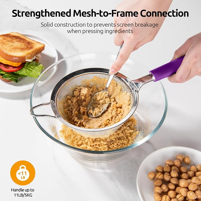 U-Taste Medium Fine Mesh Strainer: 18/8 Stainless Steel 4.73in 30 Mesh Kitchen Food Sieve with Sturdy Riveted Silicone Handle, Heavy Duty Deep Handheld Metal Colander for Rice, Quinoa, Flour (Purple)