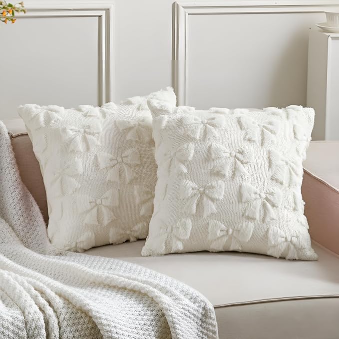 Mixweer Cream White Bow Pillow Covers Set of 2 Preppy Room Decor Coquette Cute Spring Summer Decorative Faux Fur Soft Bowknot Stuff Fluffy Plush Aesthetic Pillowcase for Bed Sofa Couch (18 x 18 Inch)