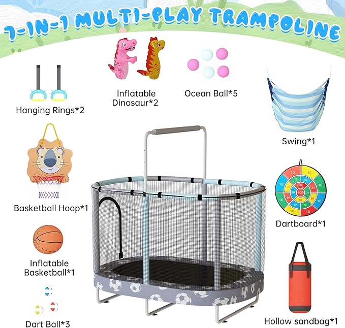 LAMERGE 55" 7-in-1 Round Trampoline for Kids Boys & Girls Ages 1-8, Indoor & Outdoor Trampoline for Fun, Adjustable Height Handrail ＆ Enclosed Safety Net ＆ Durable Designs for Toddlers Children
