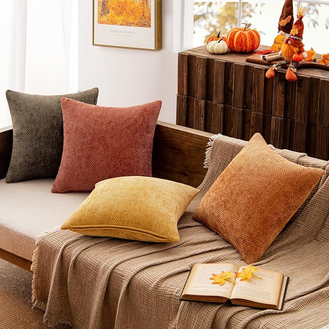 MIULEE Decorative Chenille Fall Pillow Covers Orange Brown 18x18 Pack of 4 | Rustic Decor, Autumn Harvest Orange Collection, Couch Throw Pillows, Farmhouse Boho Cushion Covers for Sofa Bed Living Room