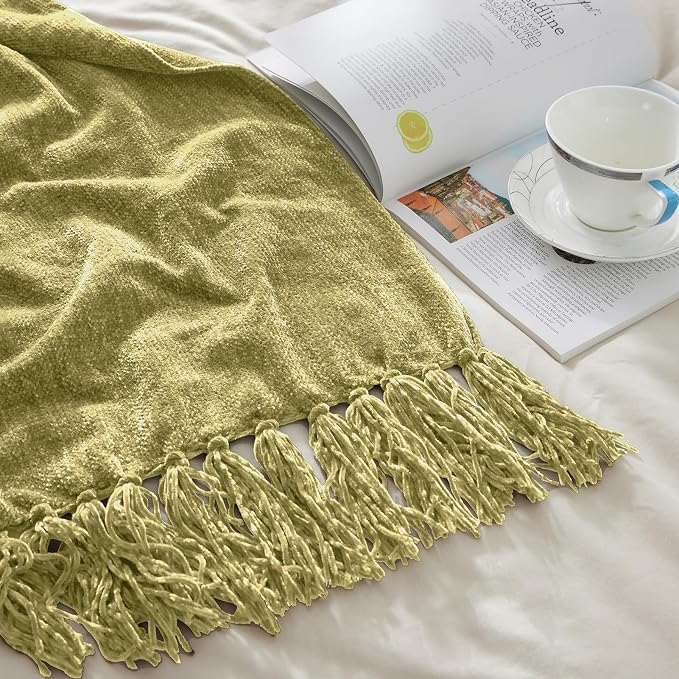 CozeCube Chenille Throw Blanket, Sage Green Fringe Blanket, 60"X80" | For Couch, Cozy Plush Fuzzy Decorative Blanket with Fringe Tassels, Lightweight Throws for Bed Sofa Gift Home Decor