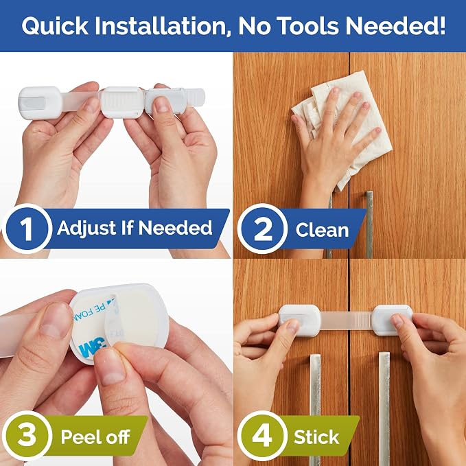 Child Safety Strap Locks (8 Pack) Baby Locks for Cabinets and Drawers, Toilet, Fridge & More. 3M Adhesive Pads. Easy Installation, No Drilling Required, White/Gray