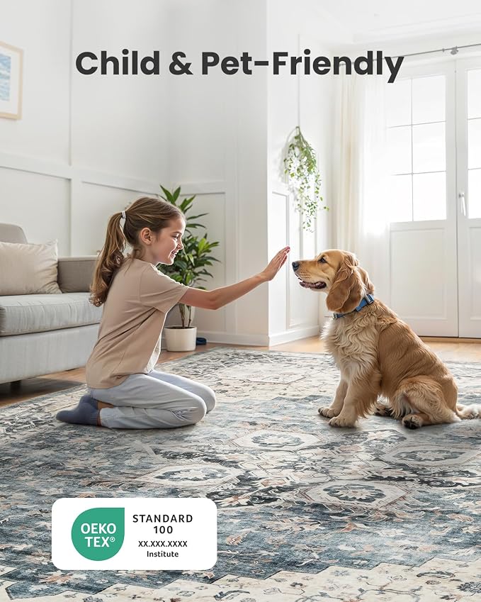 AMADA HOMEFURNISHING Round 8ft Area Rugs, Low-Profile Washable Rug with Non-Slip Backing & Durable Edge Binding, Vintage Rugs for Living Room, Bedroom, Dinning Room