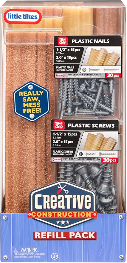 Little Tikes Creative Construction Wood, Nails, & Screws Bundle with 9 Refill Items, Pretend Play Construction Set, for Boys and Girls Ages 3+ Years