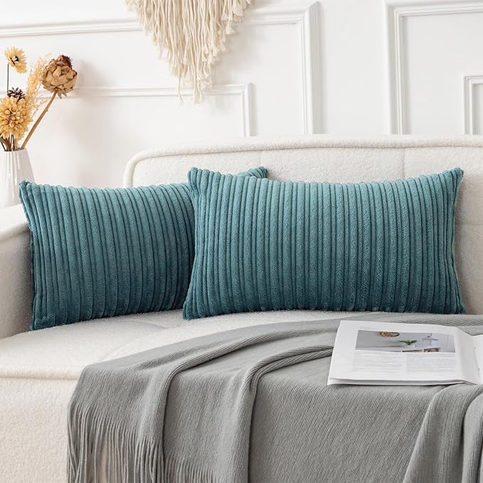 UGASA Velvet 12x20 Inch Lumbar Soft Throw Pillow Covers Decorative Corduroy Striped Both Sides Solid Rectangular Cushion Cases Boho Farmhouse for Couch Bedroom Sofa Home, Pack of 2, Blue Grey