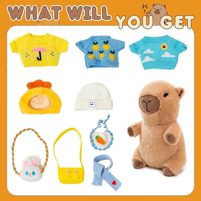 Capybara Plush with 10 Pcs Clothes & Accessories,Christmas Stuffed Animals, 10.2 in Cute Capybara Plush Toys,Birthday Gifts&Dress Up Cute Plushies for Boys/Girls (Chicken-A)