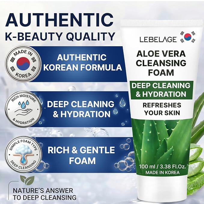 LEBELAGE Korean Aloe Vera Facial Cleanser 3.38 oz | Cleansing Foam Face Wash | Low pH Gentle Hydrating Daily Facial Cleanser Sensitive Skin | Deep Cleansing Foaming Cleanser, Pore Care-All Skin Types