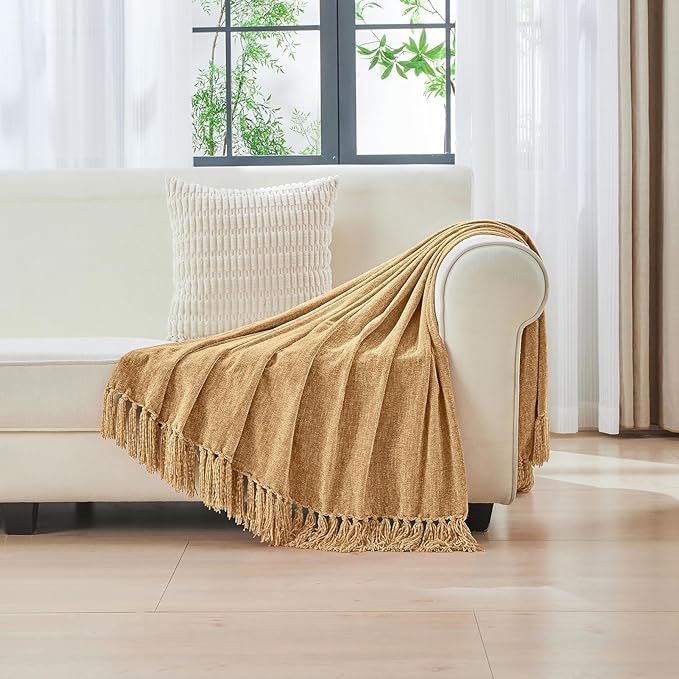 CozeCube Chenille Throw Blanket, Light Brown Fringe Blanket, 50"X60" | For Couch, Cozy Plush Fuzzy Decorative Blanket with Fringe Tassels, Lightweight Throws for Bed Sofa Gift Home Decor