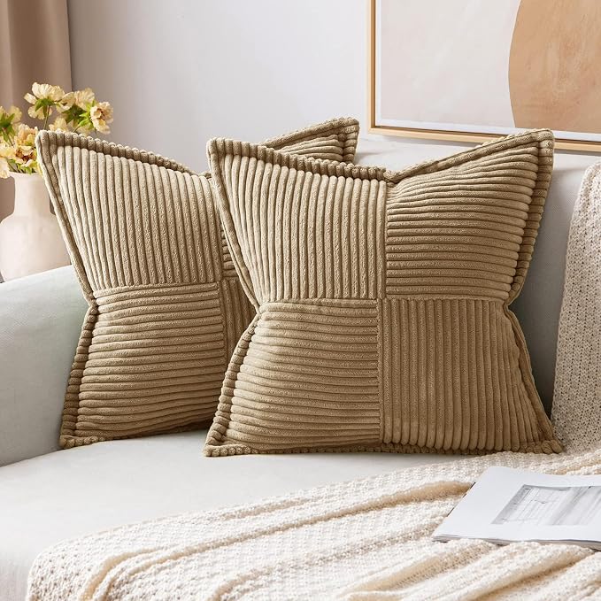 MIULEE Decorative Euro Sham Throw Pillow Covers 22x22 Inch Khaki 2 Pack | Boho Broadside Striped Patchwork Pillow Covers, Soft Corduroy Cushion Cases, For Bed Couch Sofa Livingroom Home Decor