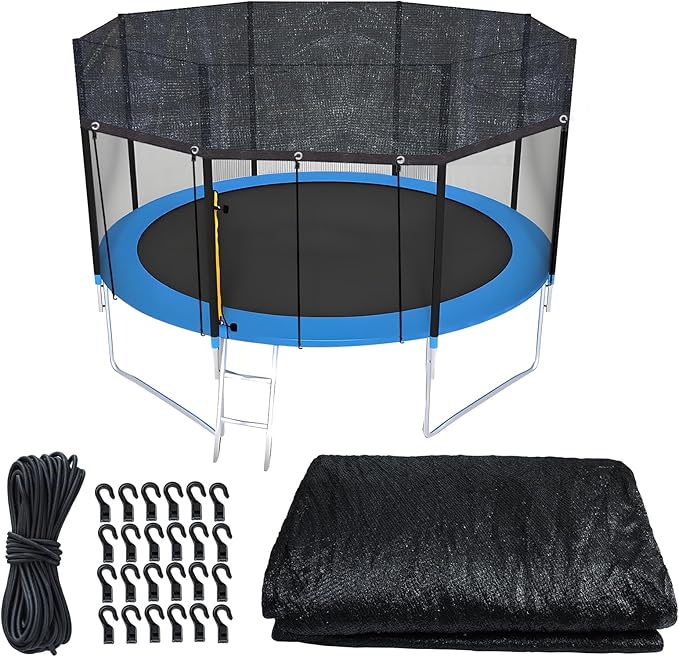 Upgraded Trampoline Cover 14FT Round Heavy Duty Sunblock Cloth Black Top Sun Shade & Leaf Protection Mesh Tarp with 49FT Elastic Cord & Plastic Hooks for Outdoor Backyard Playground(Tent Only)