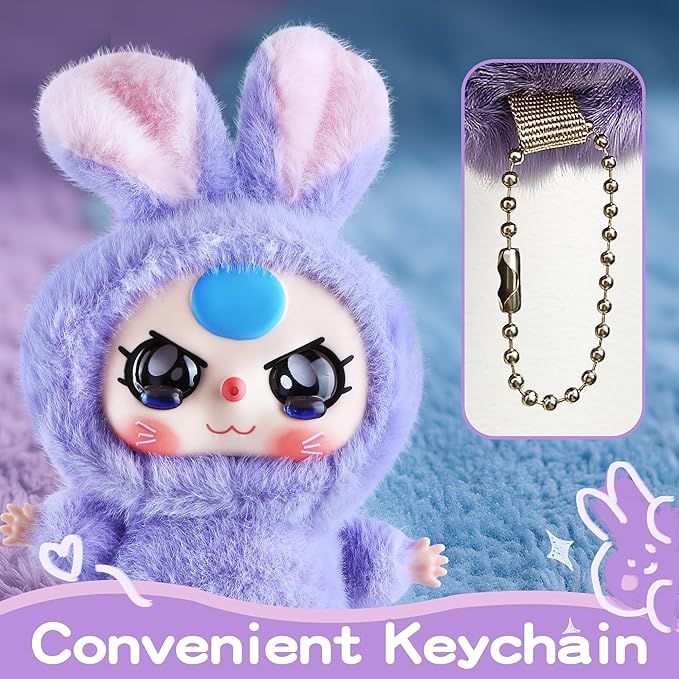 Vinyl Plush Doll, Stuffed Animals with Vinyl Face Lovely Vivid Expression for Girls Boys, Cute Popular Macaron Purple Kawaii Bunny Plush Toy Doll Gift for Collectibles Car Home Décor Birthday Keychain