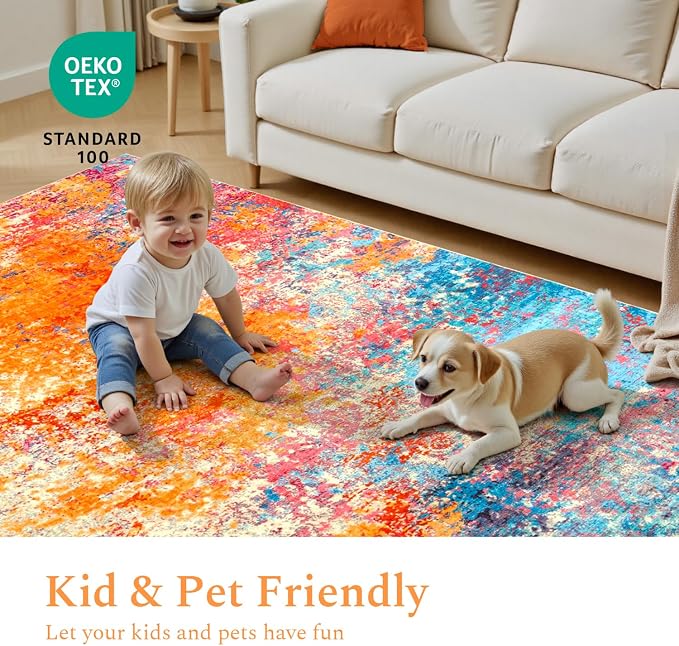 Rugflix Round Area Rugs 4Ft for Living Room, Washable Colorful Circle Rug | Machine Washable; Stain-Resistant; Low Pile; Non-Slip; Modern Abstract; Carpet for Bedroom Dining Office Nursery Home