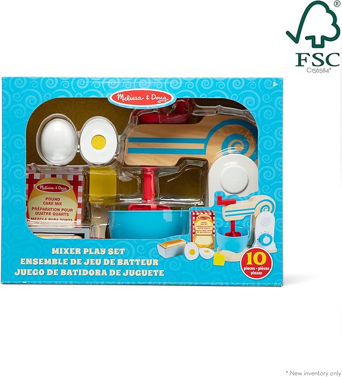 Melissa & Doug Wooden Make-a-Cake Mixer Set (11 pcs) - Play Food and Kitchen Accessories - FSC Certified