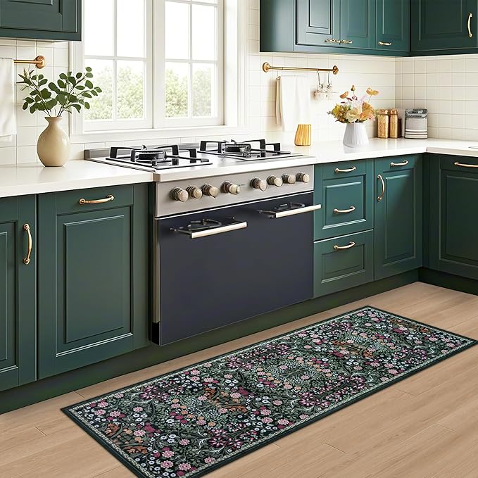 Runner Rug for Entryway: 2x5 Kitchen Rugs Non Slip Washable Ultra-Thin Soft Floral Carpet Indoor Floor Stain Resistant Carpets for Hallway Bedroom Kitchen Laundry Bathroom Dorm Dark Green