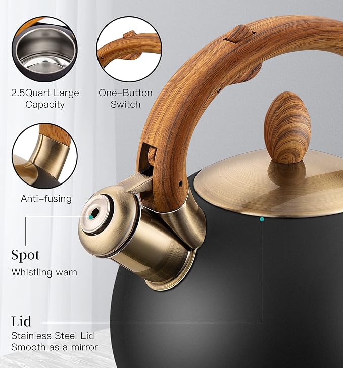 Tea Kettle & Tea Pot, 2.64 Quart Food Grade Stainless Steel Induction Whistling Tea Kettle for Stove Top Home Daily Use Teapot with Cool Touch Ergonomic Handle Polished Black