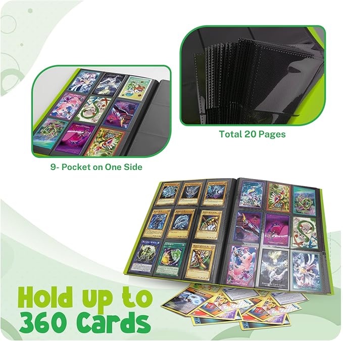 Card Binder, 9 Pocket Trading Card Album Folder,20 Pages, 360 Card Capacity Sports Card Binder, Premium Card Binders Compatible with MTG, TCG, Baseball Cards (Apple green)