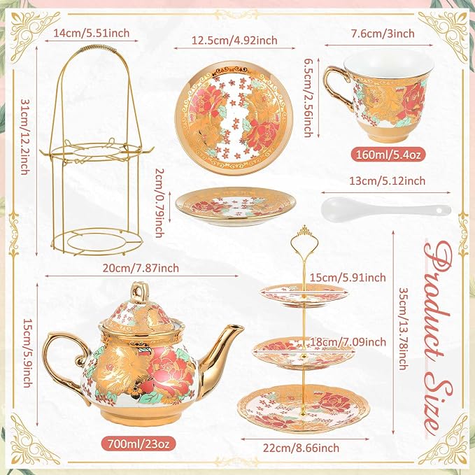 Maxcheck 21 Pcs Porcelain Tea Set for Women Tea Party with Metal Holder and 3 Tier Cake Stand Ceramic European Floral Teapot Set for Adults Mother's Day Christmas Thoughtful Gift(Vintage Style)