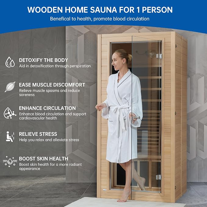 Infrared Sauna Room for Home, Near Zero EMF Wooden 1 Person Indoor Home Sauna with Bluetooth, LCD Control Panel, Chromo Therapy Light
