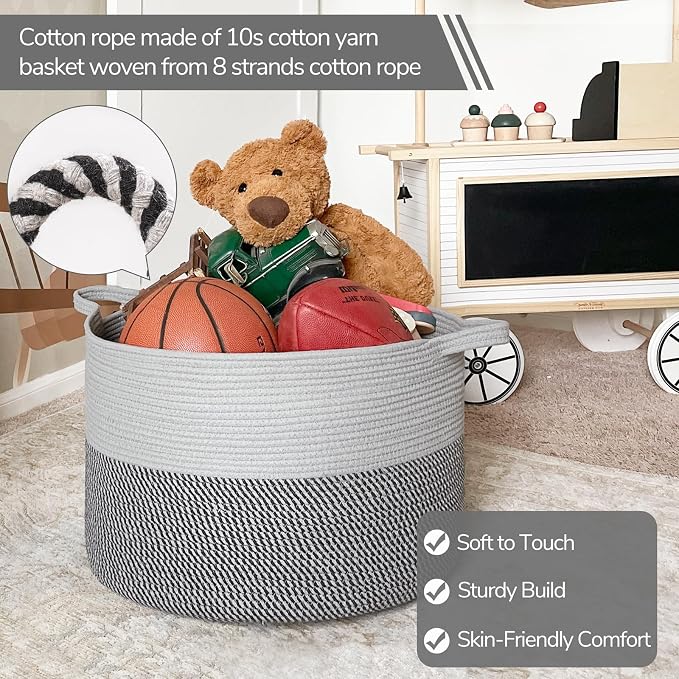 INDRESSME XXXLarge Woven Rope Blanket Basket Living Room Grey, 90L | 21.7" x 13.8" Storage baskets for toys laundry & pillows. Fits living room, bedroom or nursery décor. Soft-touch with handles