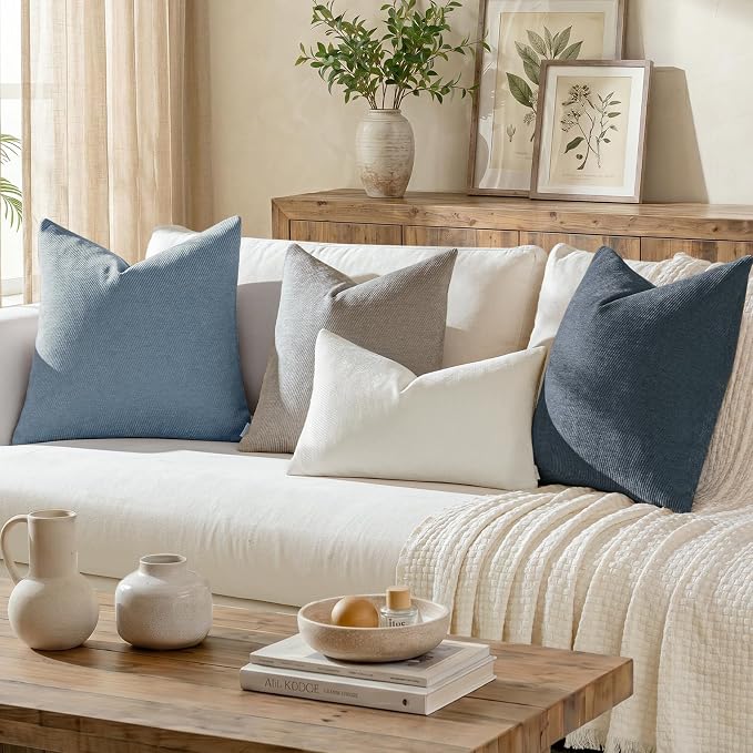 a moment Pack of 2 Decorative Chenille Throw Pillow Covers with Twill Cushion Covers for Sofa Living Room Couch Bed 16x16 Inch Coastal Blue