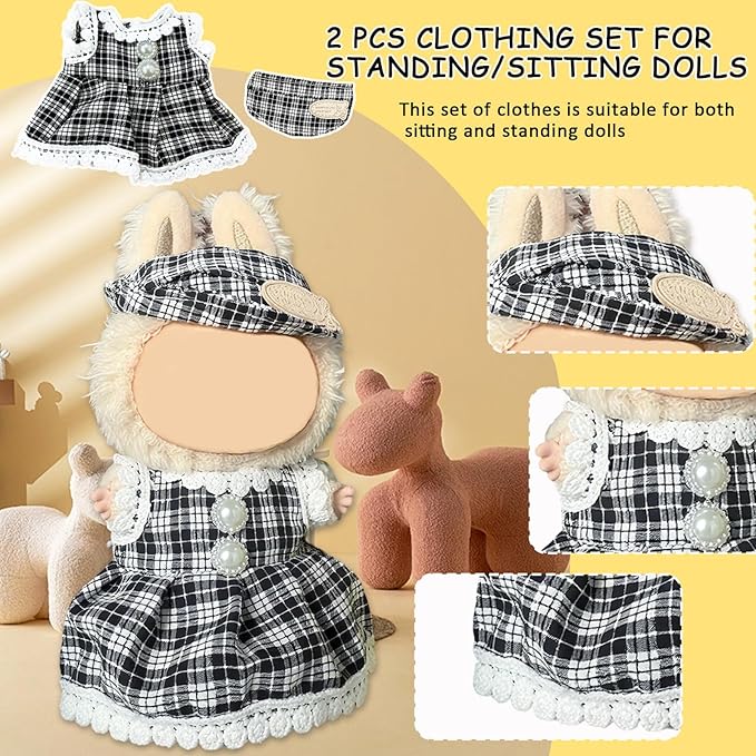 Doll Clothes for Labubu,Cute Outfit for 17cm Doll Clothe 2/3PCS Clothes and Hats Stylish Dolls Clothe for 17 cm Labubu,Casual Style Costumes for Labubu Dolls (Black White Skirt Set)