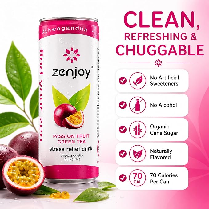 Zenjoy Adaptogen Drink Stress Relief Tea | Non Alcoholic Calming Drink w/Ashwagandha, Lemon Balm & L-Theanine for Focus | Stress Tea Calming Social Mocktail with Adaptogens (12 Pack, Variety)