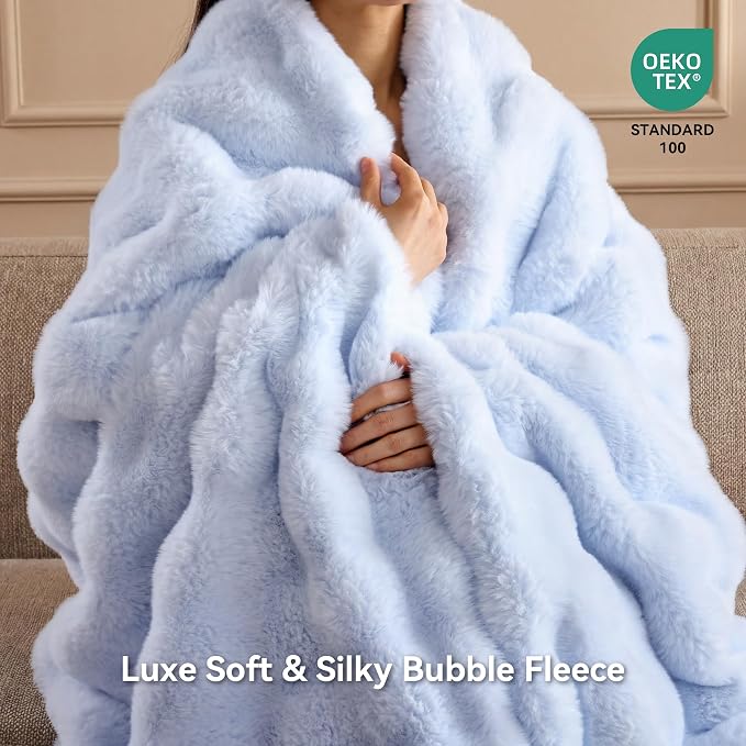 Faux Rabbit Fur Throw for Couch - Light Blue Bubble Blanket 60"x80" | Fluffy Plush Fuzzy Throw for Sofa & Bed, Super Soft Cozy Comfrt Blanket, Luxury Aesthetic Light Blue Decor Gift for Women
