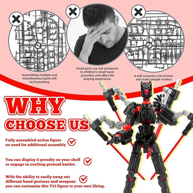 Assembly Completed T13 Action Figure，T13 mision 13 figuras originales 3D Printed Toys Nova 13 Action Figures Desktop Decorations for Game Lovers Toy (Black Red, 5.5 Inch)